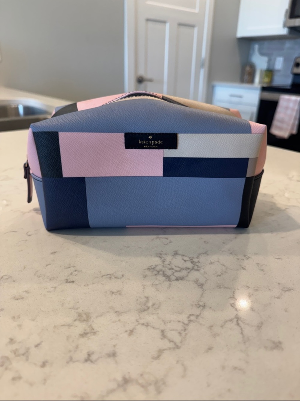 kate spade pastel colorblock zip cosmetic pouch in blue, pink & navy